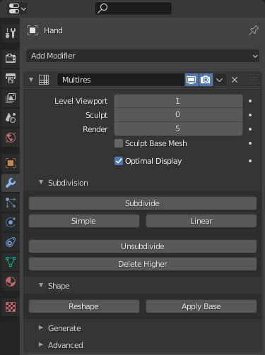 Figure 2.22 – The Multires modifier attached to the hand object
