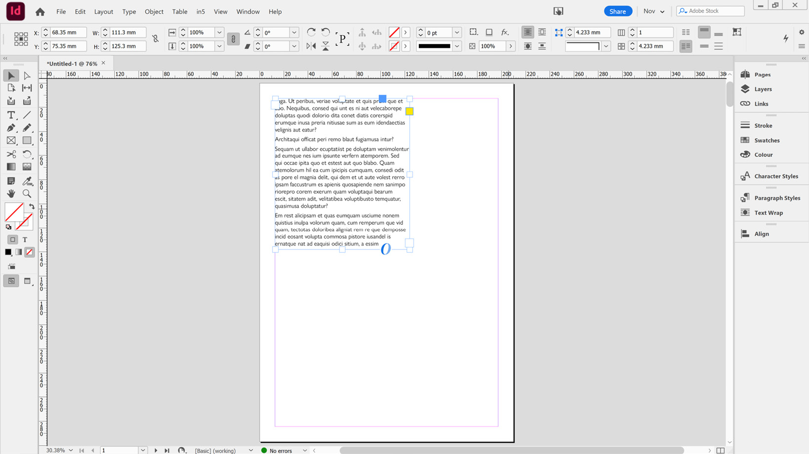 Figure 2.2: Repositioning a text frame so that it is aligned with the top and left margins