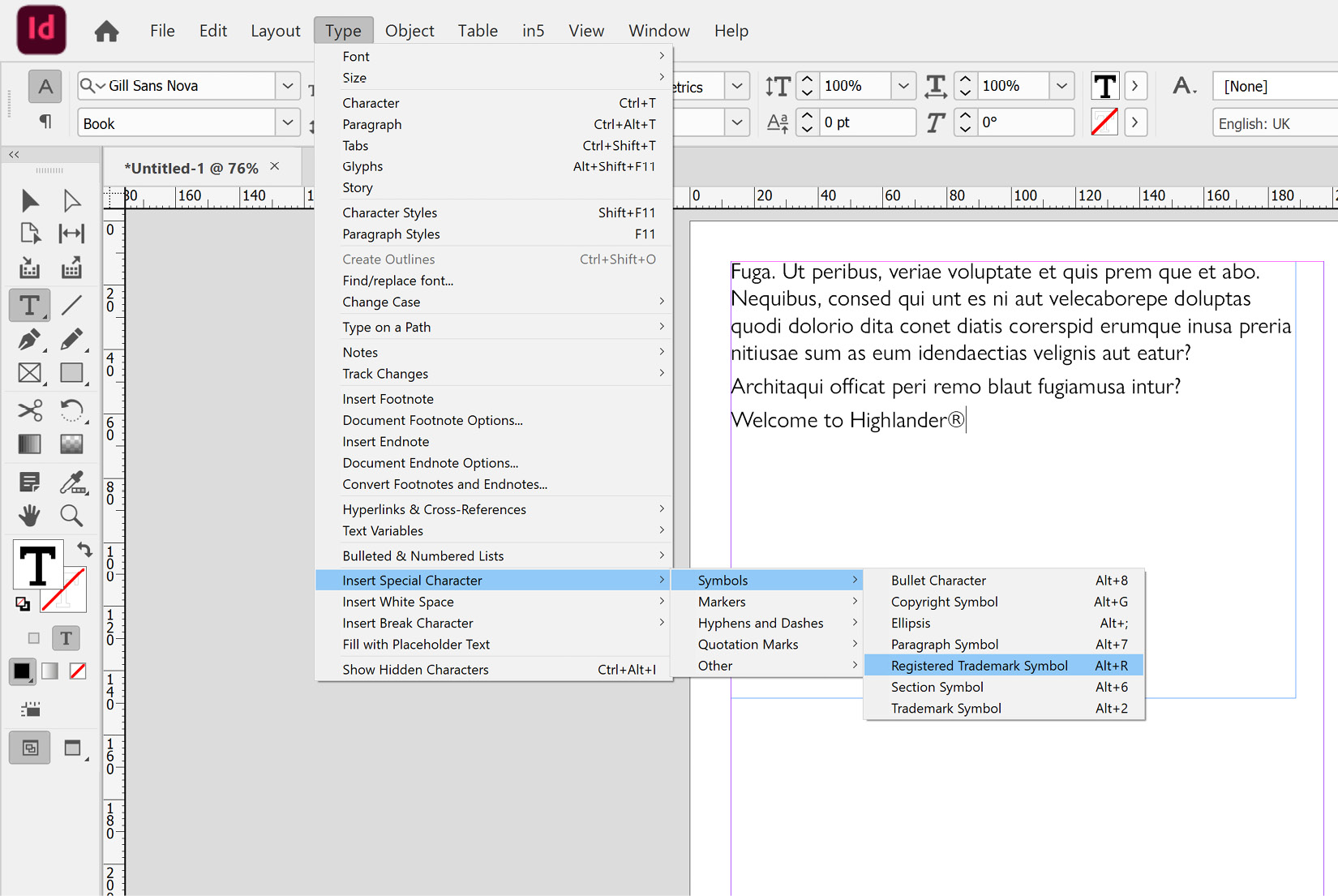 Figure 2.4: Applying special characters such as copyright, trademark, and registered trademark symbols