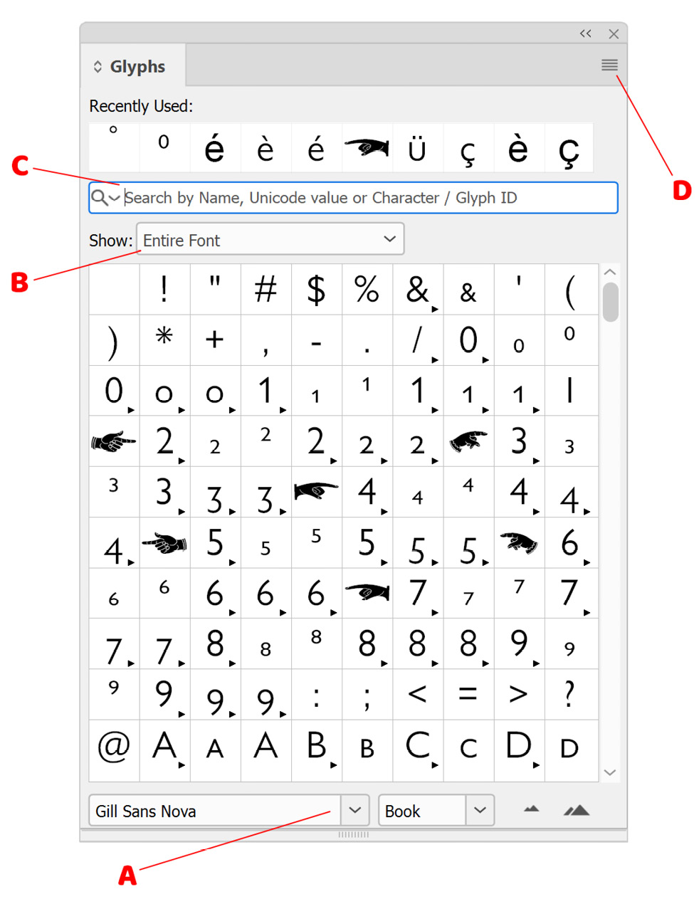 Figure 2.5: The Glyphs panel in InDesign