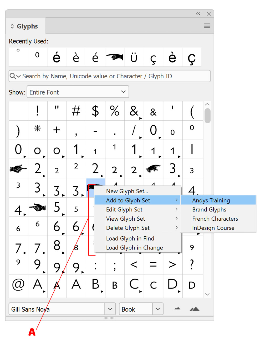 Figure 2.6: The Glyphs panel menu