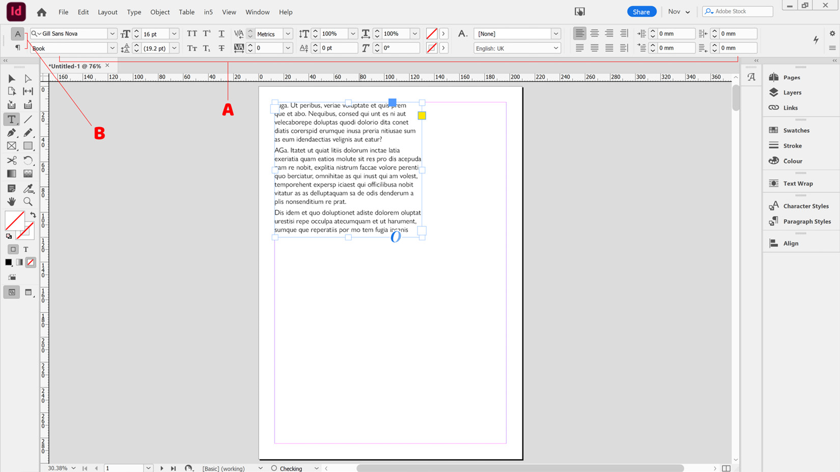 Figure 2.8: The InDesign interface showing the Control panel