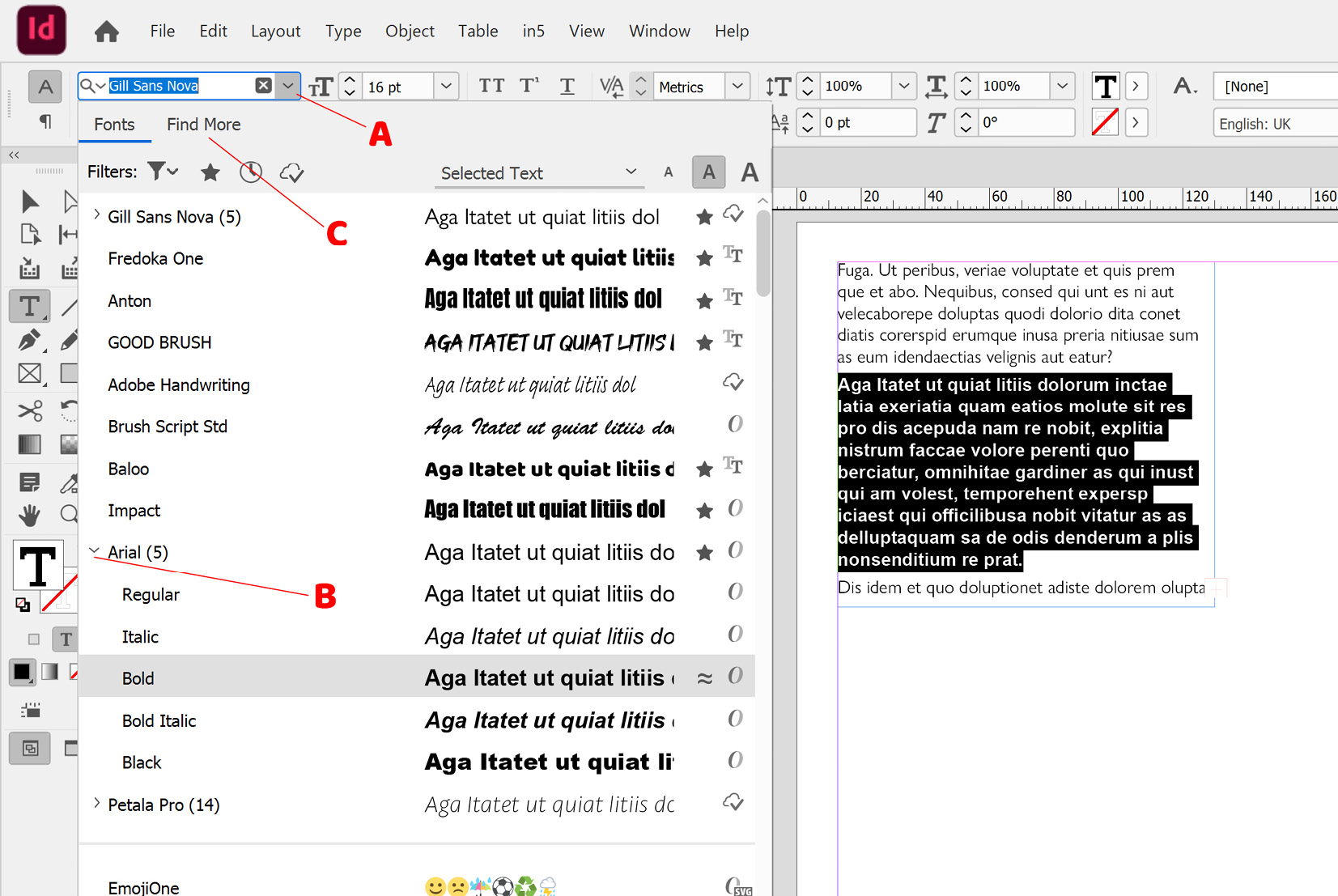 Figure 2.9: The font selection dropdown in InDesign