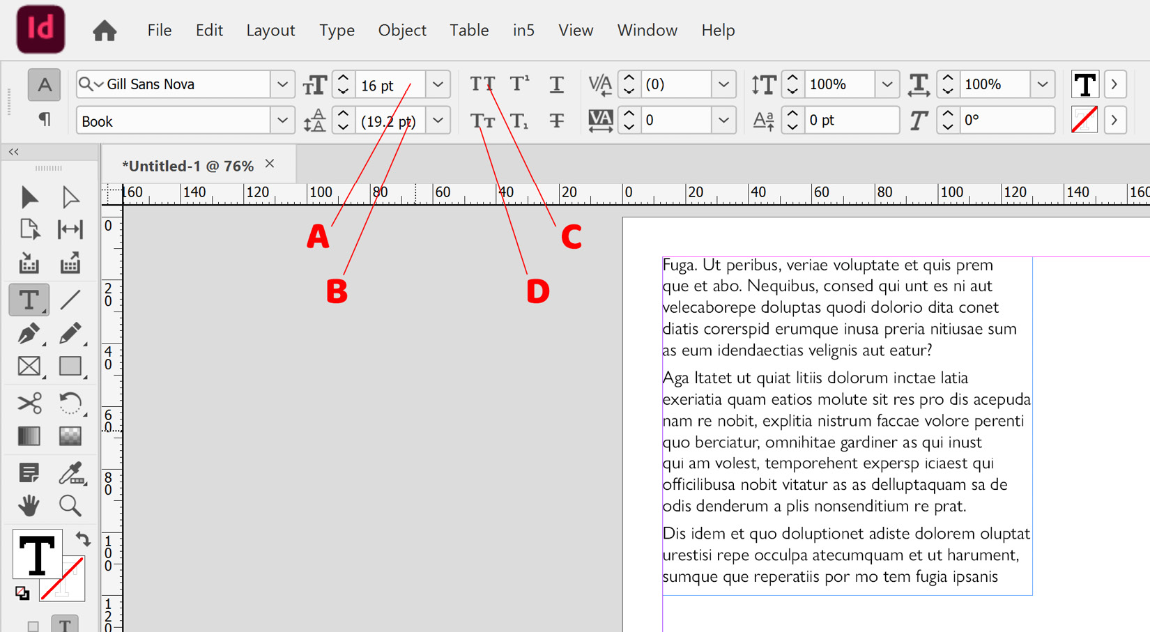 Figure 2.11: Character settings on the InDesign Control panel