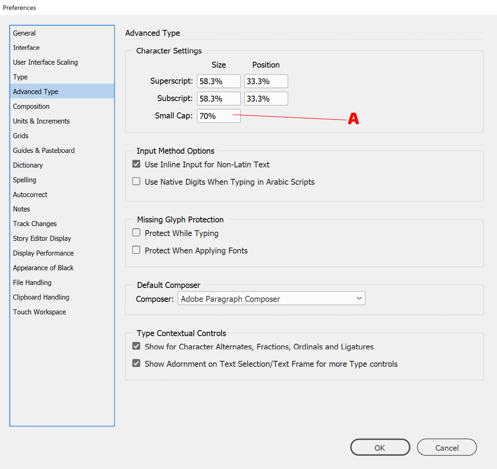 Figure 2.13: Advanced Type preferences in InDesign