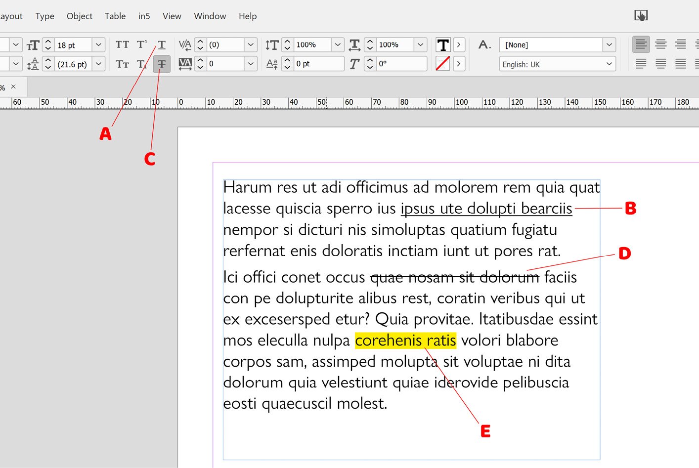 Figure 2.16: Underline and strikethrough options in InDesign