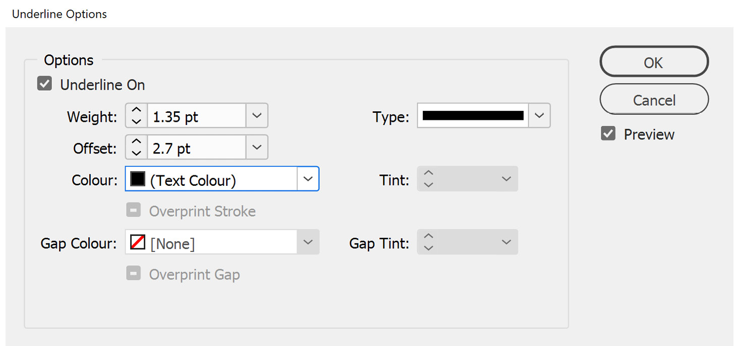 Figure 2.17: Underline Options dialog box