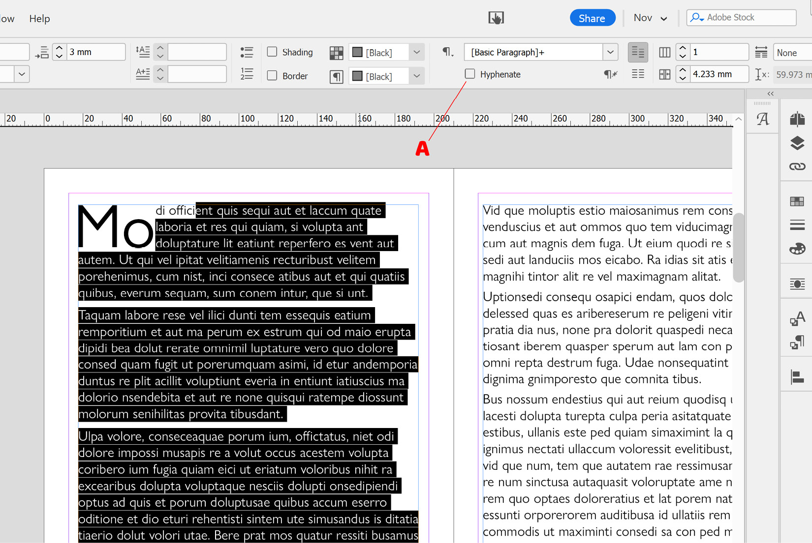 Figure 2.26: Disabling hyphenation in InDesign