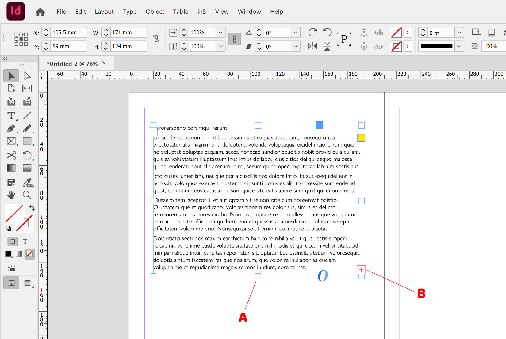 Figure 2.38: Text frame with overset text before threading