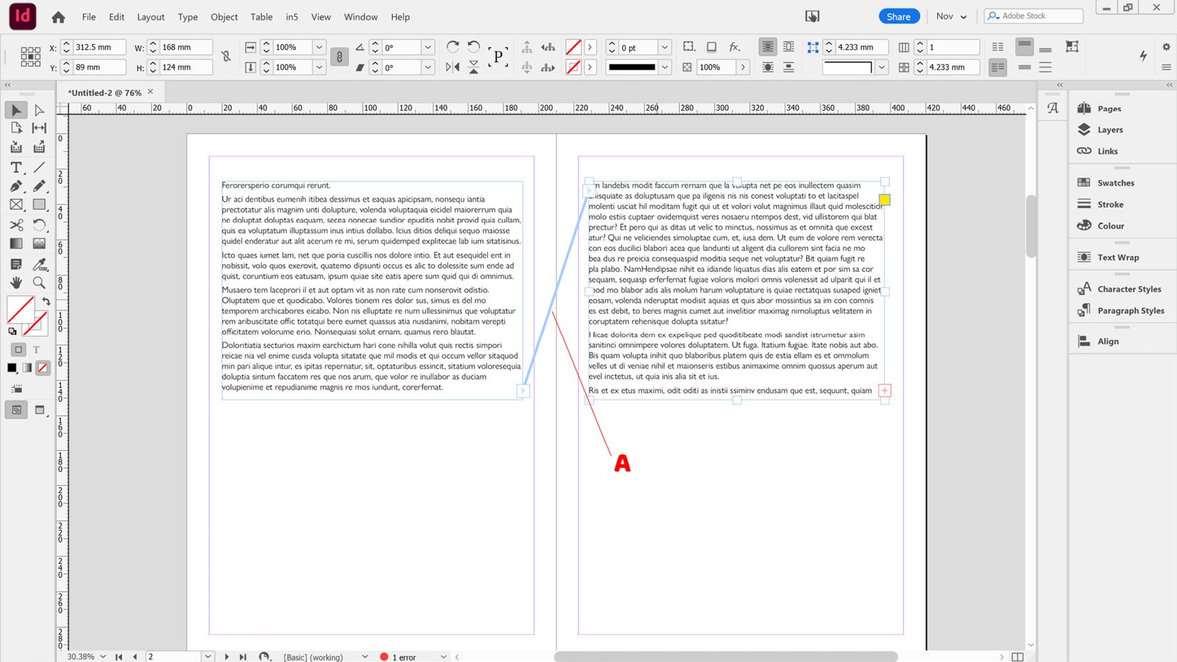 Figure 2.39: Two frames threaded with Show Text Threads enabled