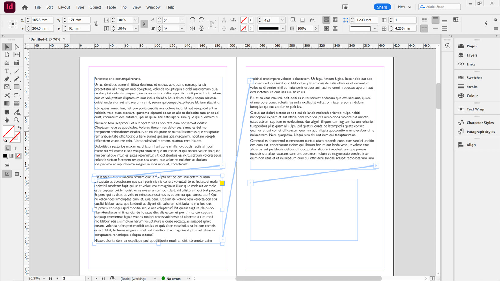 Figure 2.41: Inserting a text frame into the middle of an existing story