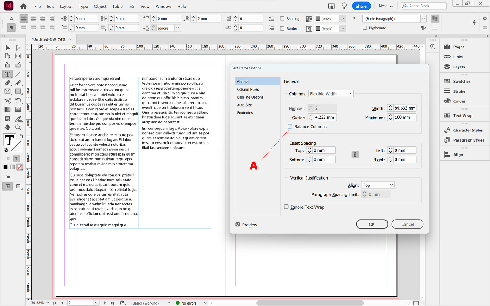 Figure 2.43: Balancing columns in Text Frame Options