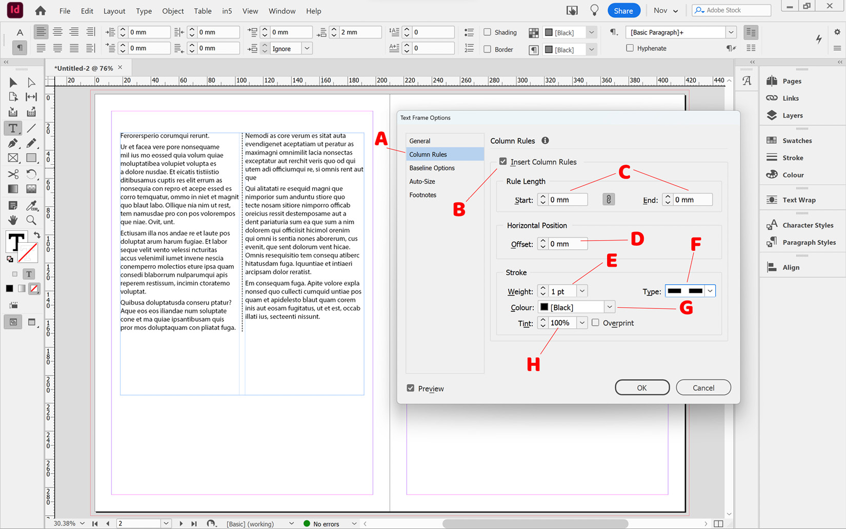 Figure 2.44: The Column Rules options within the Text Frame Options dialog box