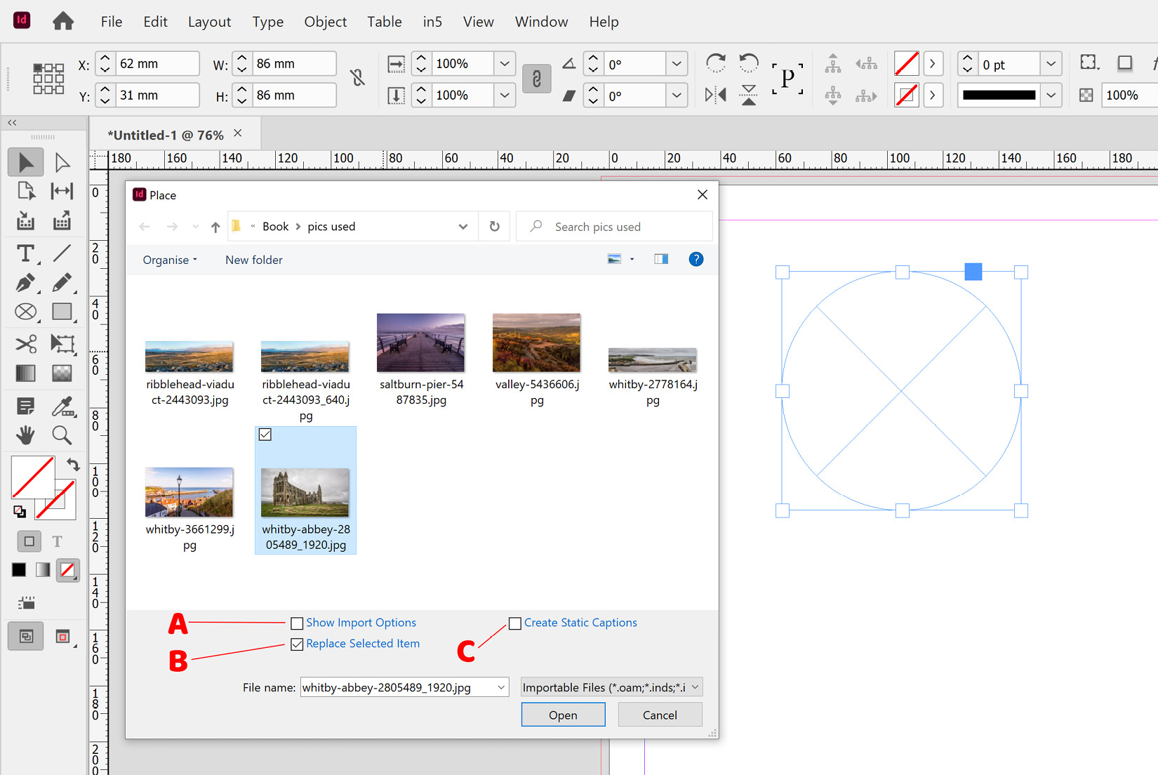 Figure 5.1: Placing an image into a frame in InDesign