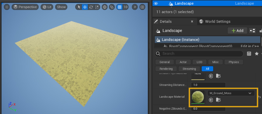 Figure 2.16 – Assigning the M_Ground_Moss material to our Landscape actor