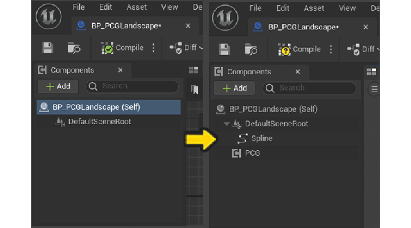 Figure 6.25 – Adding the Spline and PCG components