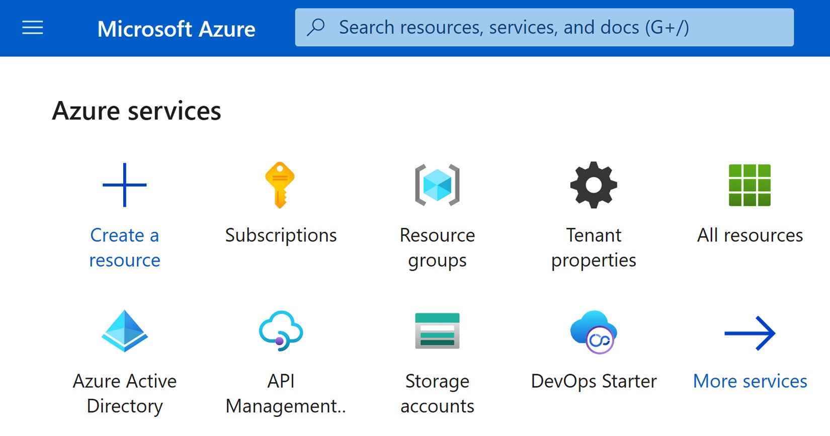 Figure 1.1 – Azure home page header containing common areas
