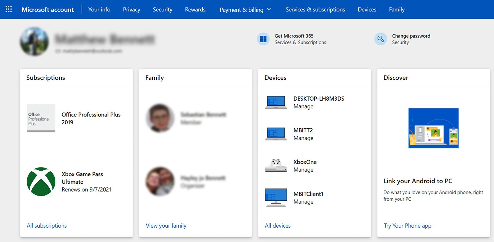 Figure 1.2 – A section of the welcome page of your Microsoft account
