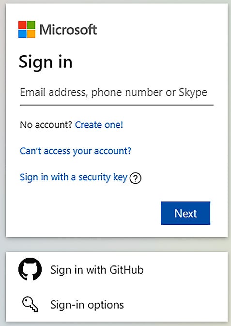 Figure 1.4 – Microsoft sign-in screen (email address removed)
