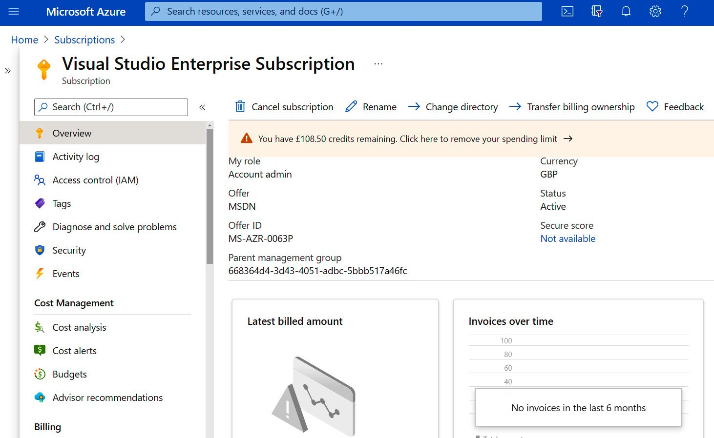 Figure 1.5 – The Subscriptions page showing my MSDN account
