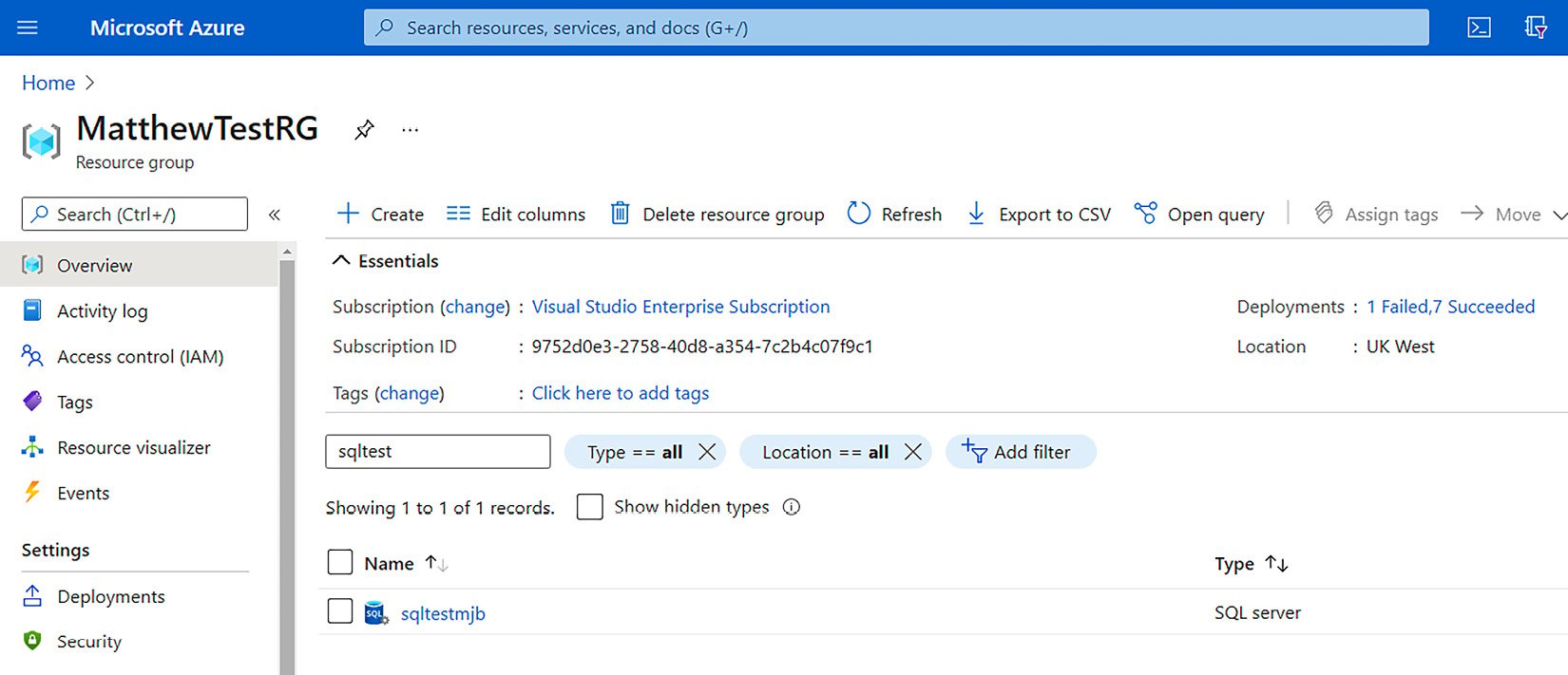 Figure 1.8 – My storage object is my first resource in the resource group
