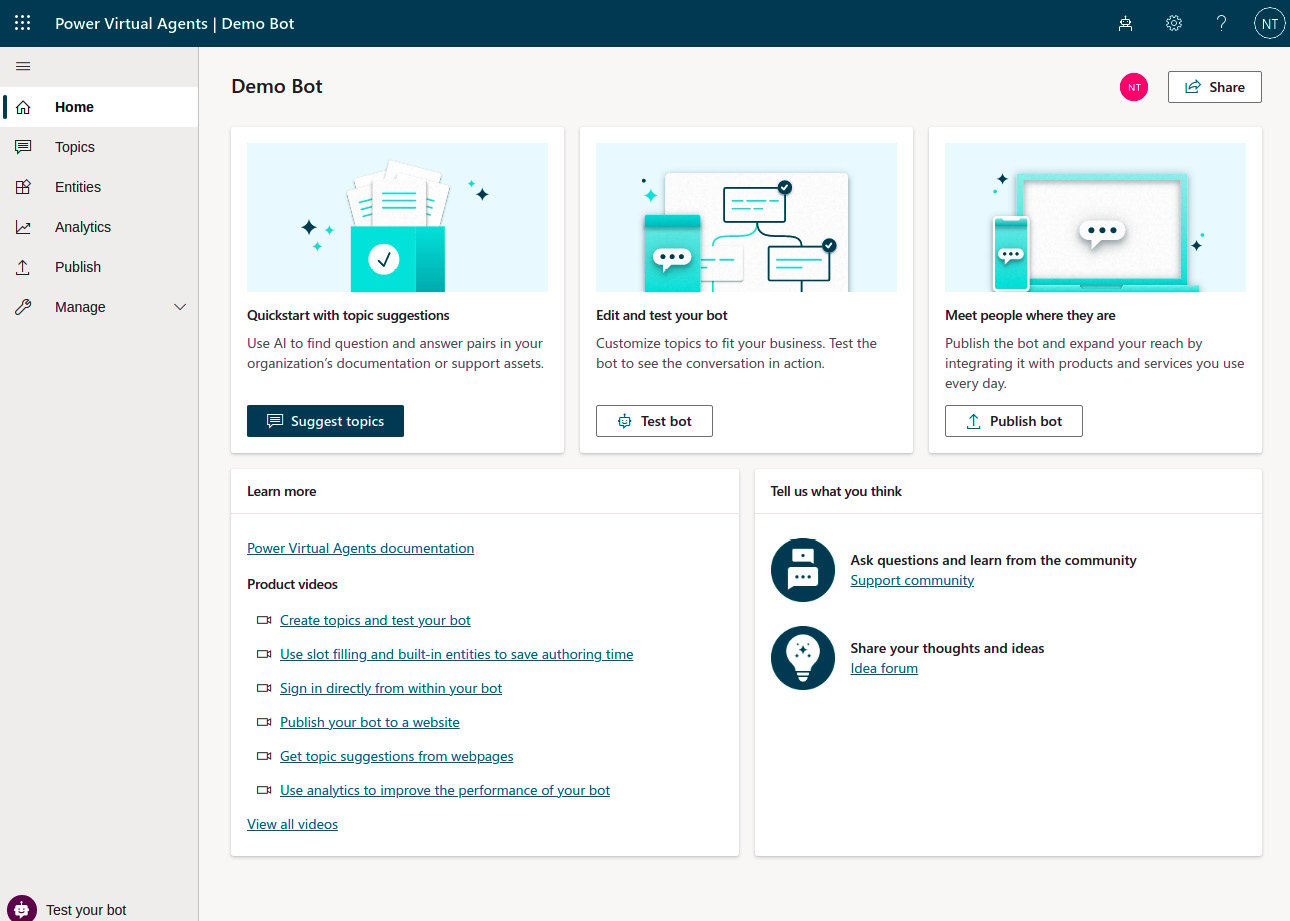 Figure 1.6 – Power Virtual Agents bot authoring
