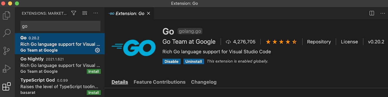 Figure 1.12 – Golang extension for VSCode
