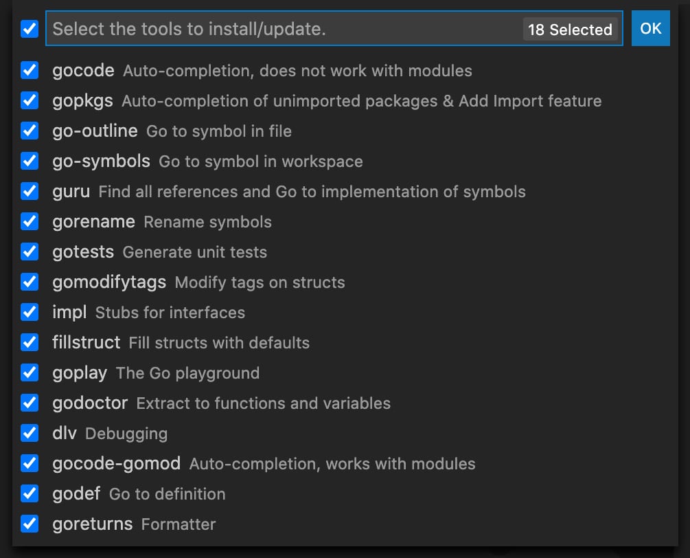 Figure 1.13 – Available Go tools on VSCode
