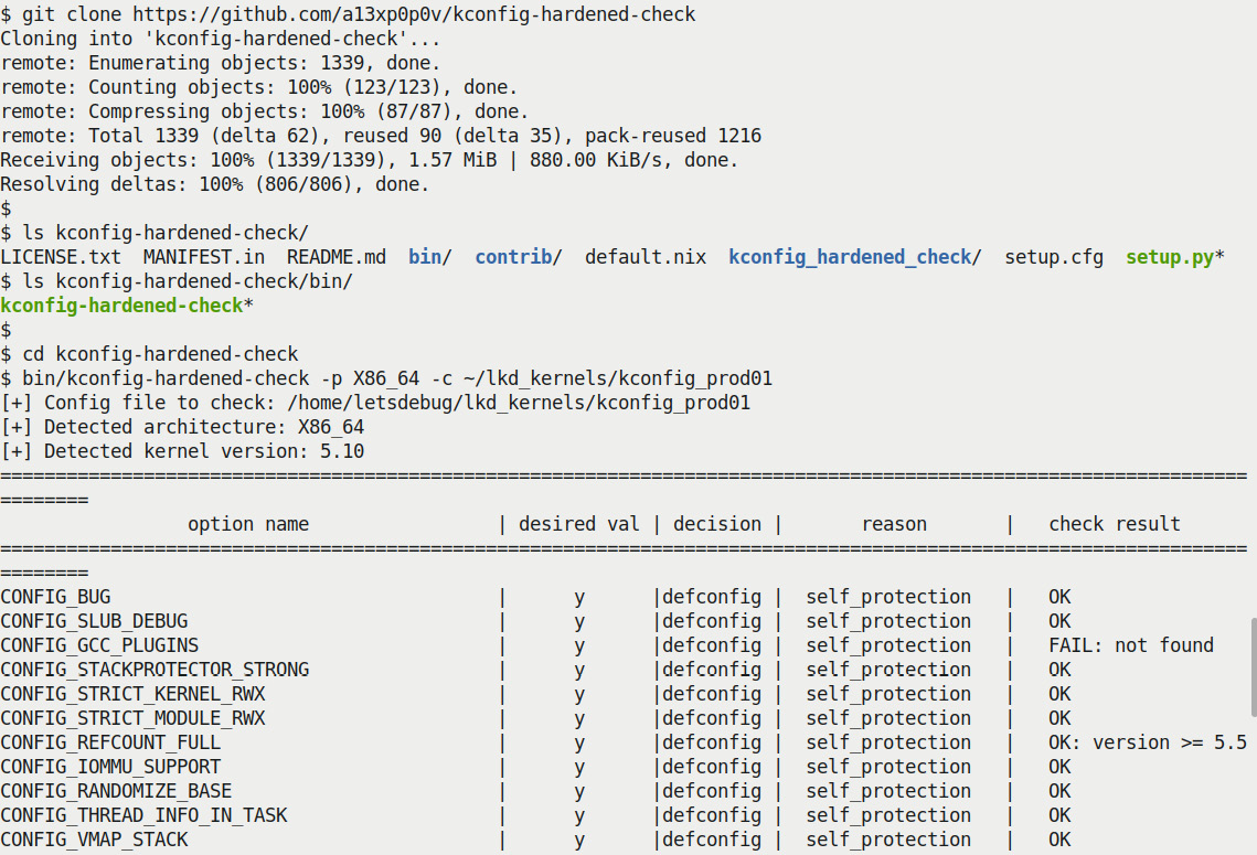 Figure 1.3 – Partial screenshot – truncated output from the kconfig-hardened-check script
