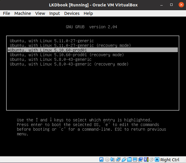 Figure 1.4 – Screenshot showing the GRUB bootloader screen and the new production kernel to boot from
