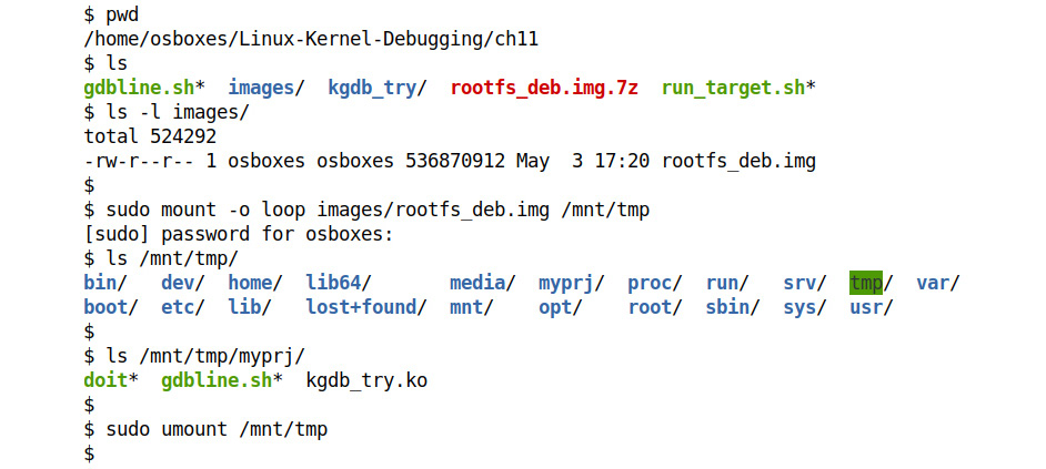 Figure 11.7 – Loop mounting and viewing content under our target root filesystem
