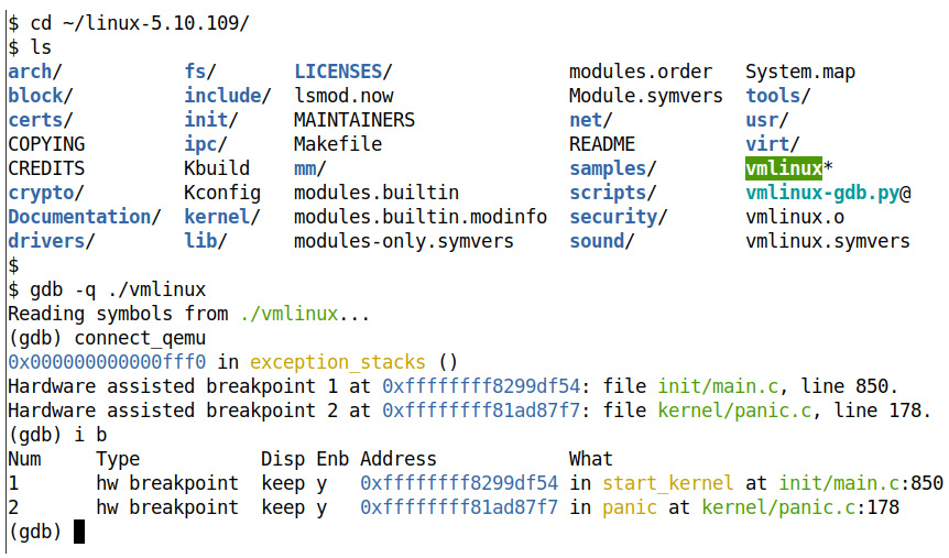 Figure 11.10 – Host: within the kernel source tree, the remote GDB client connects to the target and sets up breakpoints
