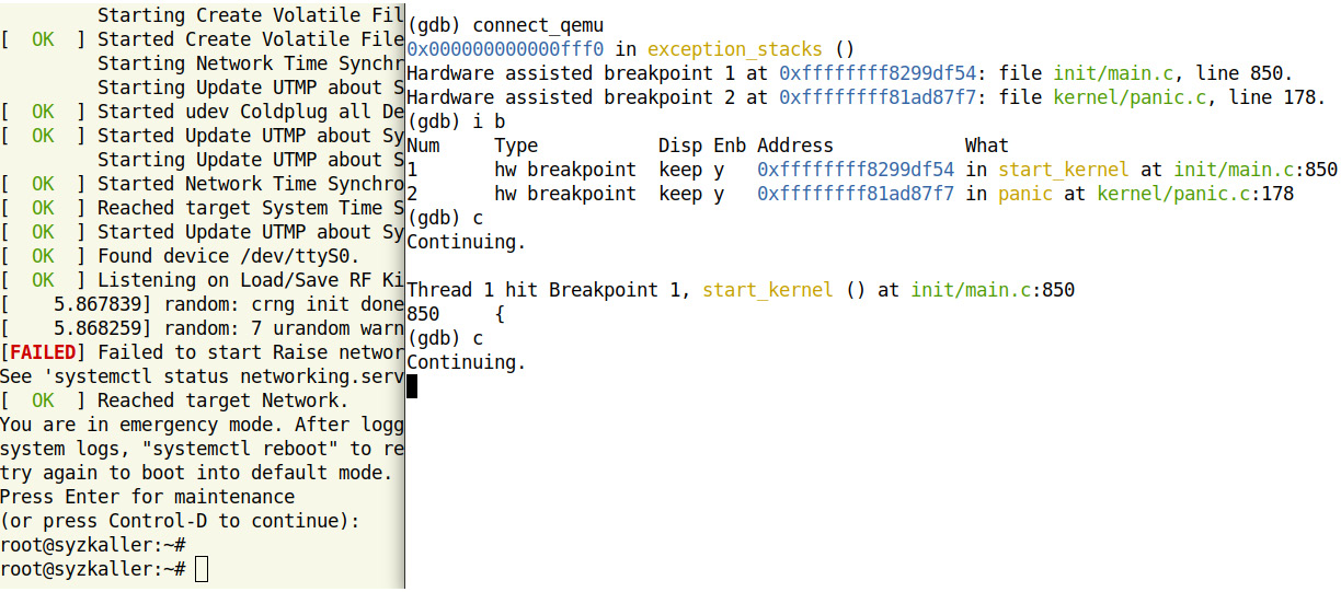 Figure 11.11 – On the left is the target; in the right window is the GDB client process running on the host; we log in to the target kernel by pressing Enter
