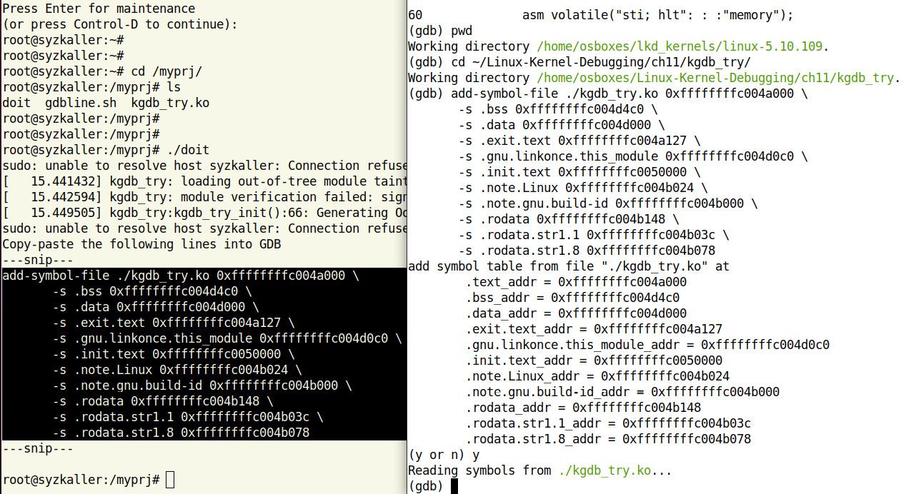 Figure 11.13 – (Truncated) screenshot showing how we cd and copy-paste the add-symbol-file command into the GDB process
