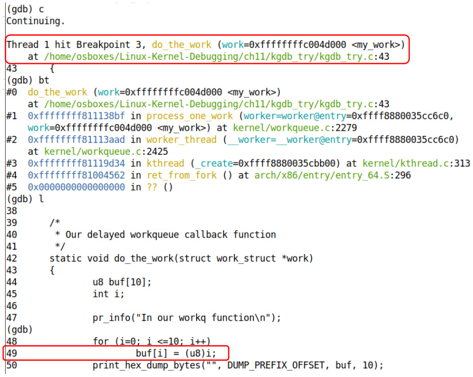 Figure 11.14 – We continue: the hardware breakpoint's hit; we're in our do_the_work() function, single-stepping through its source; the buggy line 49 is highlighted
