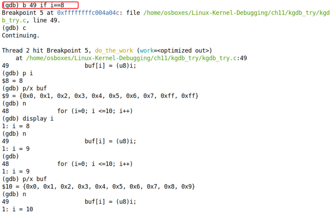 Figure 11.15 – Screenshot showing how we set up a conditional breakpoint on line 49 and single-step through the module's code
