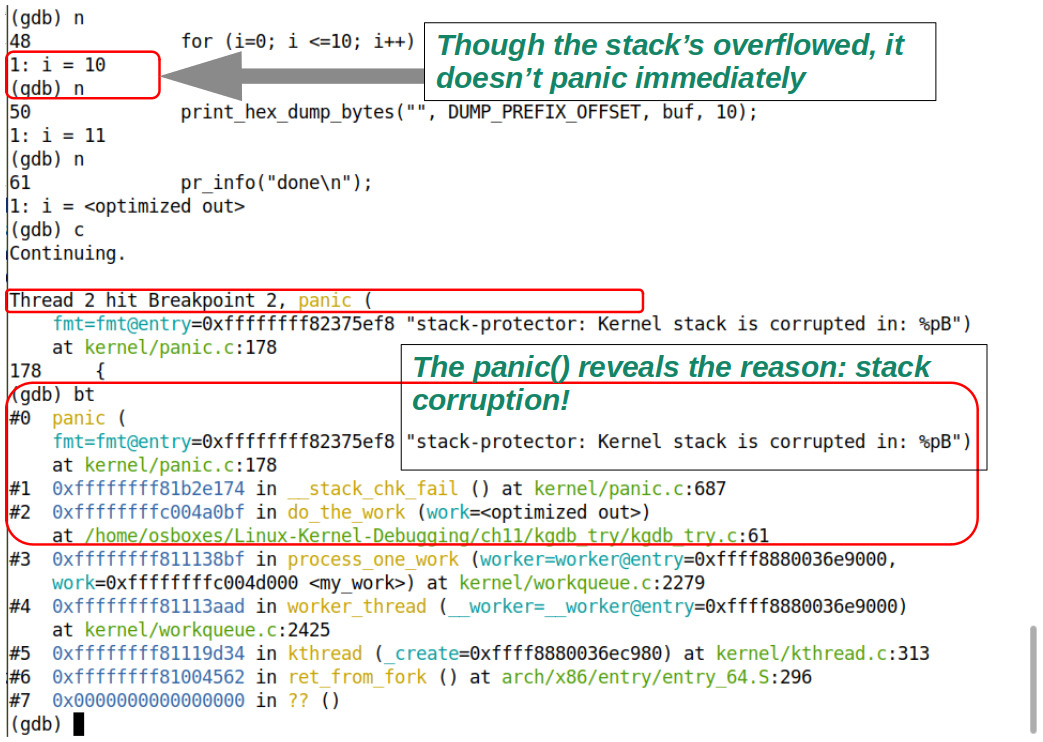 Figure 11.16 – Screenshot revealing the actual bug and the subsequent kernel panic; the panic message reveals it's kernel stack corruption
