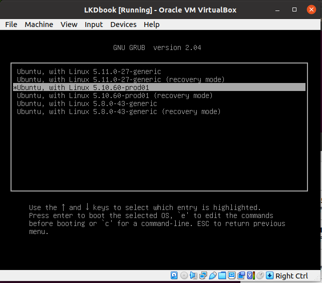 Figure 1.4 – Screenshot showing the GRUB bootloader screen and the new production kernel to boot from