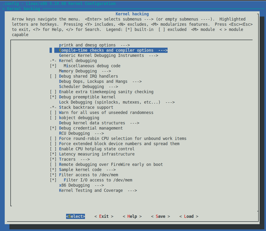 Figure 1.5 – Screenshot: make menuconfig / Kernel hacking – the majority of kernel debug options live here