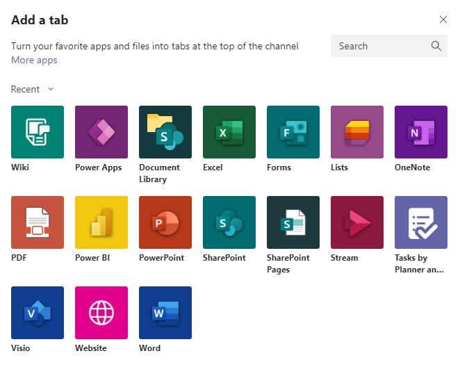 Figure 2.7 – Add a tab window in Microsoft Teams