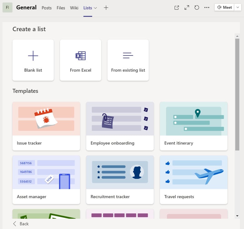 Figure 2.9 – Create a list option in Microsoft Teams