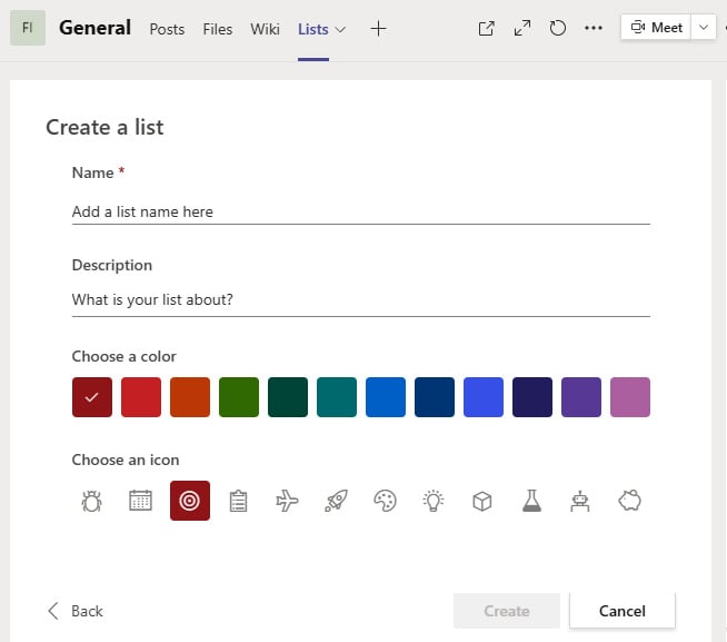 Figure 2.10 – Configuring your new list in Microsoft Teams