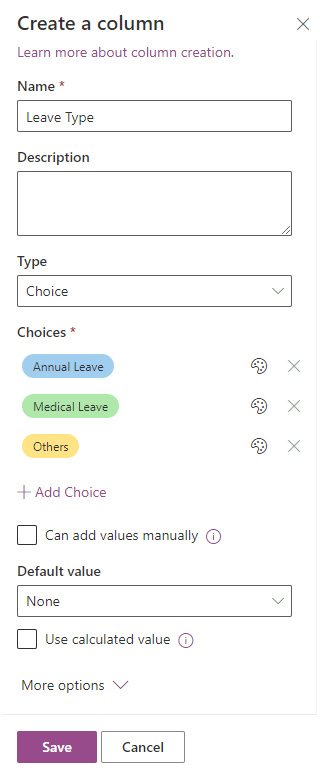 Figure 2.13 – Creating a Choice column