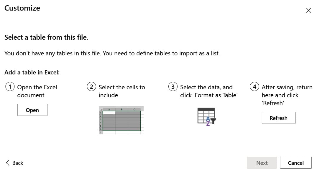 Figure 2.21 – Information dialog informing you of how to format your spreadsheet