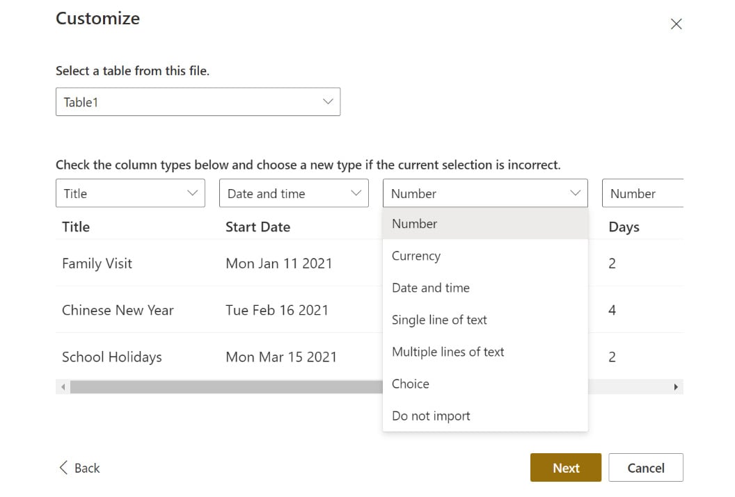 Figure 2.22 – Import dialog showing the column type options for columns with number values