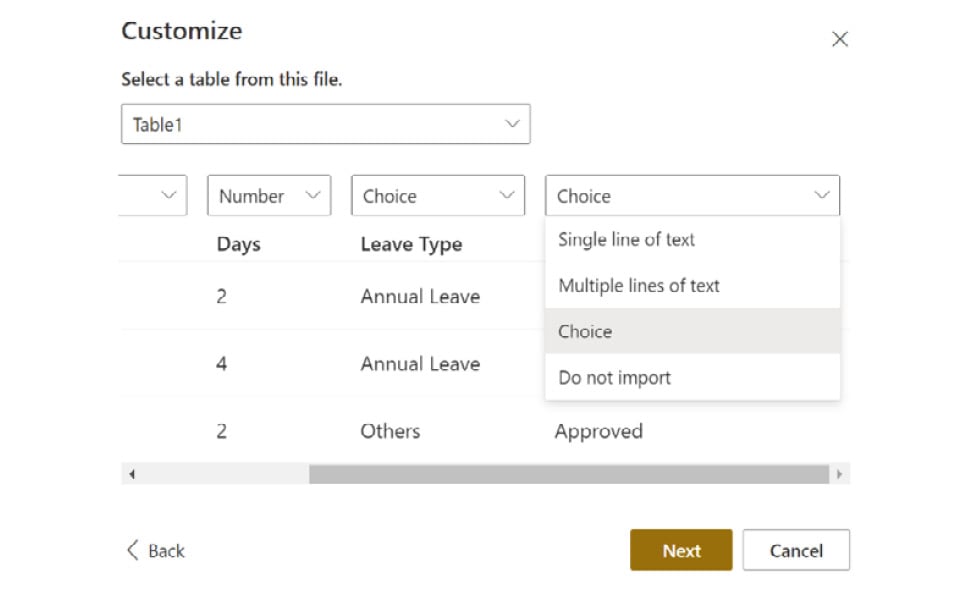 Figure 2.23 – Import dialog showing the column options for columns with text values