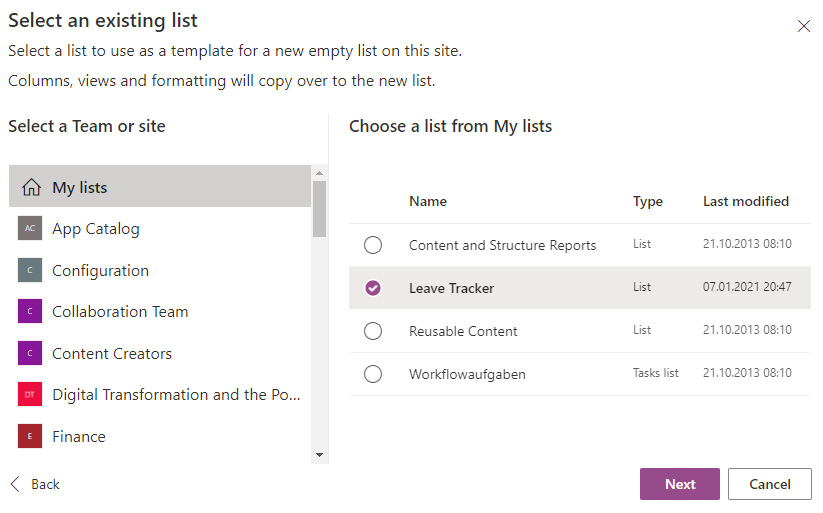 Figure 2.25 – Selecting an existing list to duplicate