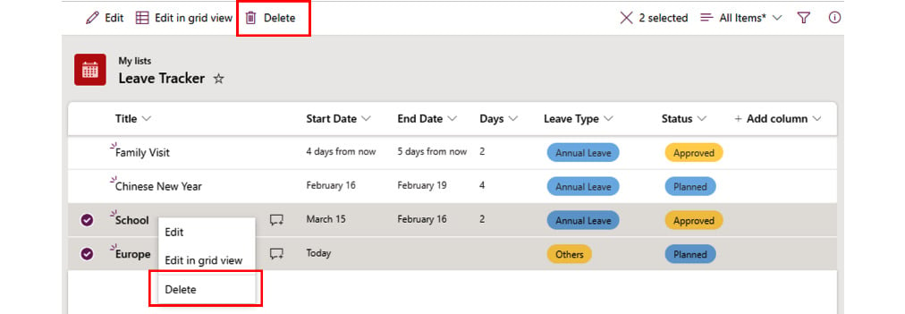 Figure 2.30 – Selecting and deleting multiple items