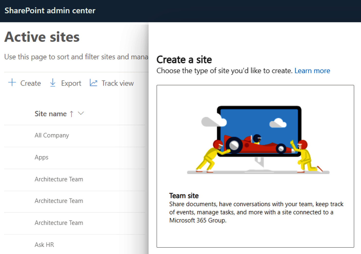 Figure 1.14 – SharePoint admin center | + Create | Team site