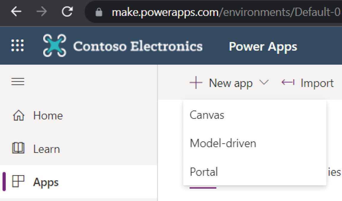 Figure 1.16 – Power Apps with options for creating a new app